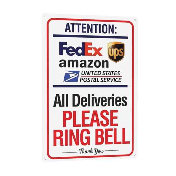 Delivery Sign for Package and Box Deliveries - Please Ring Bell Instructions - Directional Deliveries Metal Sign for Home Office, Porch Entryway Gate, 8x12 Aluminum Safe - Use Indoors or Outdoors