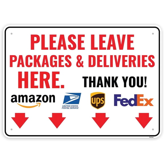 Delivery Sign - Please Leave Packages & Deliveries Here Arrow Down, 12 x 8 Inches - Aluminum - Instructions for Orders from Amazon, UPS, FedEx, USPS/Without a frame