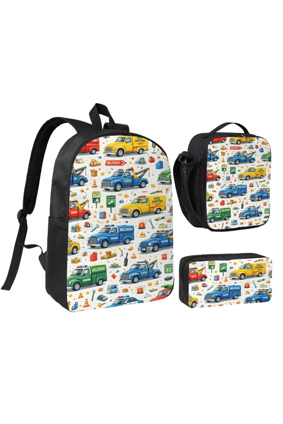 Delivery Trucks Backpack Set 3pc Including Backpack, Lunch Bag and Pen Bag Combination