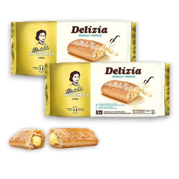 Delizia Pastry Cream by Pasticceria Matilde Vicenzi, Vanilla Cream Filled Puff Pastry Patisserie Rolls, All-Natural, Kosher Dairy, Made in Italy - 4.41oz (125g) Box, 2-Pack