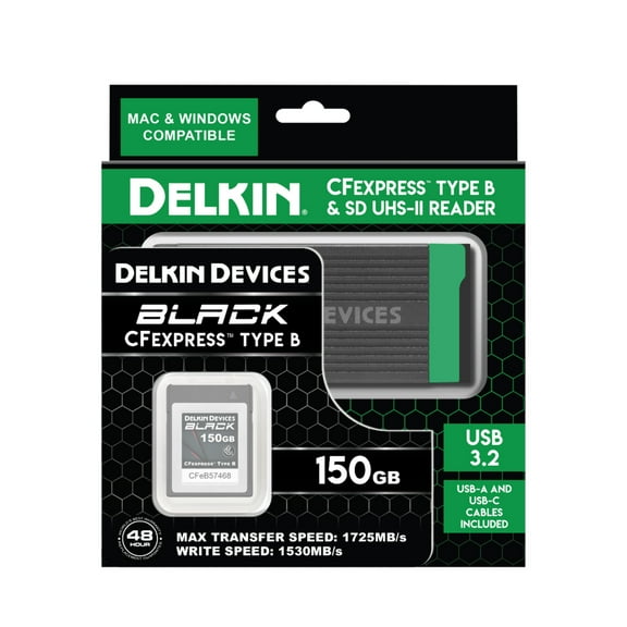 Delkin Devices BLACK CFexpress Type B Memory Card - 150GB w/ USB 3.2 CFexpress Type B Card and SD UHS-II Memory Card Reader Bundle