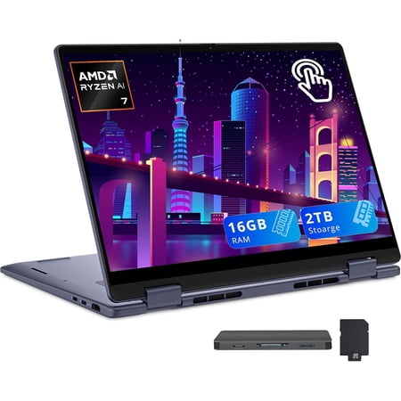 Dell 14" 2K 2-in-1 Touchscreen Laptop, AMD Ryzen AI 7 350, 16GB RAM, 2TB Storage (1TB SSD+1TB Dock Station Set), AMD Radeon Graphics, Copilot+ PC, Backlit Keyboard, Fingerprint Reader, Win 11, Blue