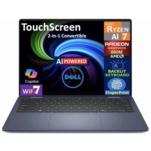 Dell 14 AI Business 2-in-1 Laptop 14.0in Touchscreen LCD WUXGA Display (AMD Ryzen AI 7 350, 16GB LPDDR5X, 4TB PCIe SSD, Backlit KB, Fingerprint, WiFi 7, Webcam, Bluetooth 5.4, Win 11 Home)