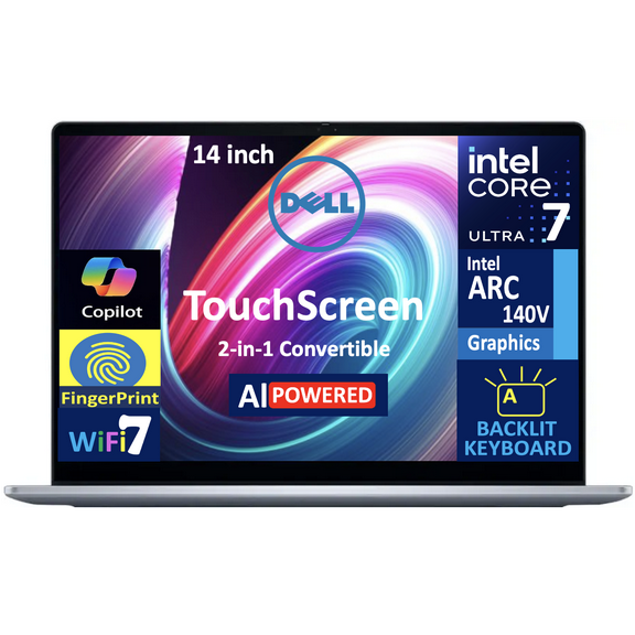 Dell 14 AI Business 2-in-1 Laptop 14.0in Touchscreen LCD WUXGA Display (Intel Ultra 7-256V, 16GB LPDDR5X, 1TB M.2 PCIe SSD, Backlit KB, Fingerprint, Thunderbolt 4, WiFi 7, Webcam, Win 11 Pro)