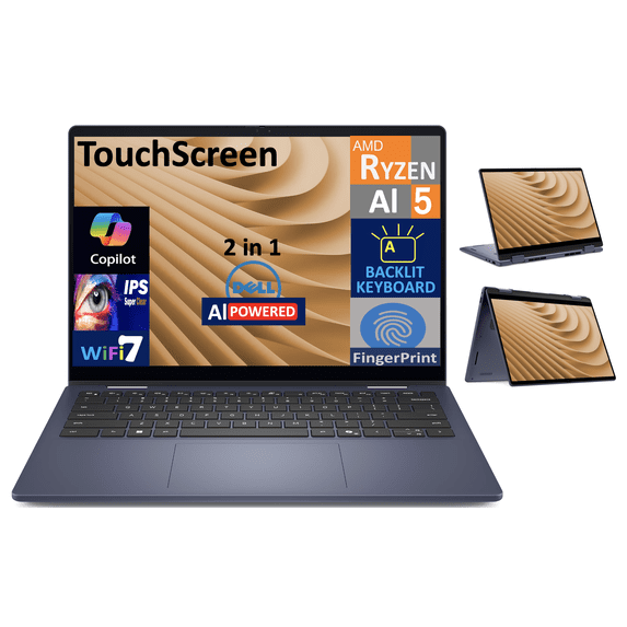Dell 14 Plus AI Powered 2-in-1 Laptop 14.0in Touchscreen IPS WUXGA Display (AMD Ryzen AI 5 340, 16GB LPDDR5X, 2TB PCIe SSD, Backlit KB, Fingerprint, WiFi 7, Webcam, Bluetooth 5.4, Win 11 Home)