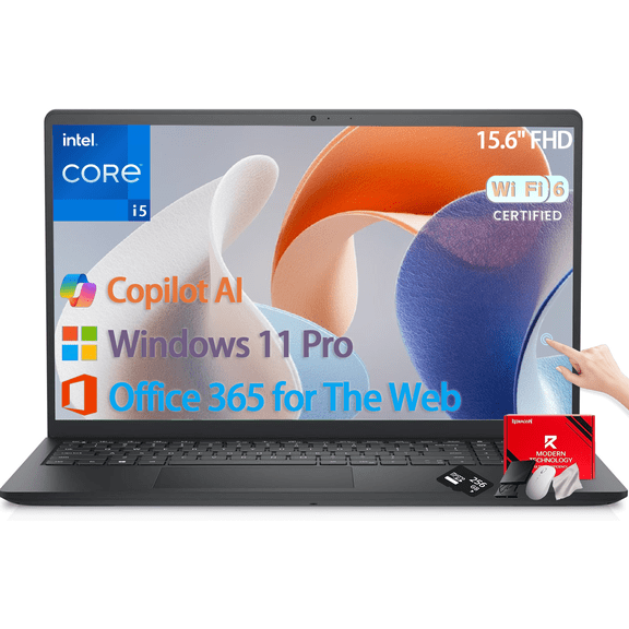 Dell 15.6" FHD Touchscreen Laptop • Intel Core i5-1334U (10 cores) • 8GB DDR5 RAM • 512GB SSD • Intel Iris Xe Graphics • Wi-Fi 6 • Copilot AI • Office 365 for The Web • Win 11 Pro