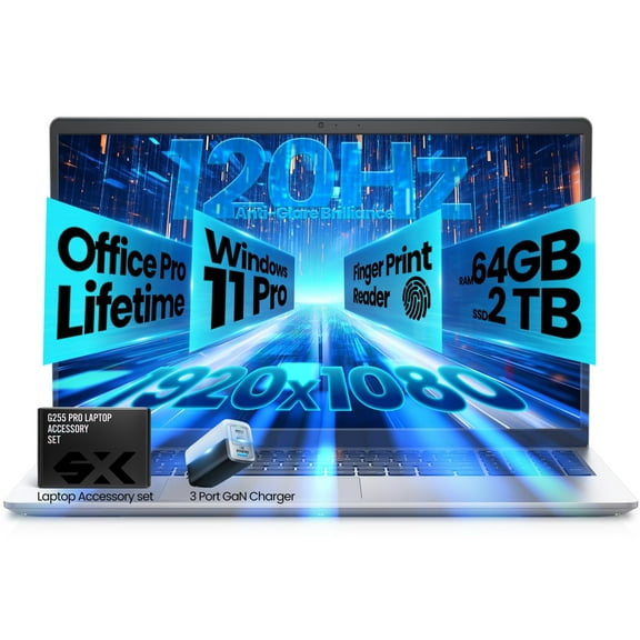 Dell 15.6-Inch Business&Student Laptop - Intel Core i7-1355U AI-Optimized, 15.6" FHD 120Hz, Backlit KB, Fingerprint Reader w/Windows 11 Pro, Office Pro Lifetime & GAN Charging, 64GB RAM | 2TB SSD