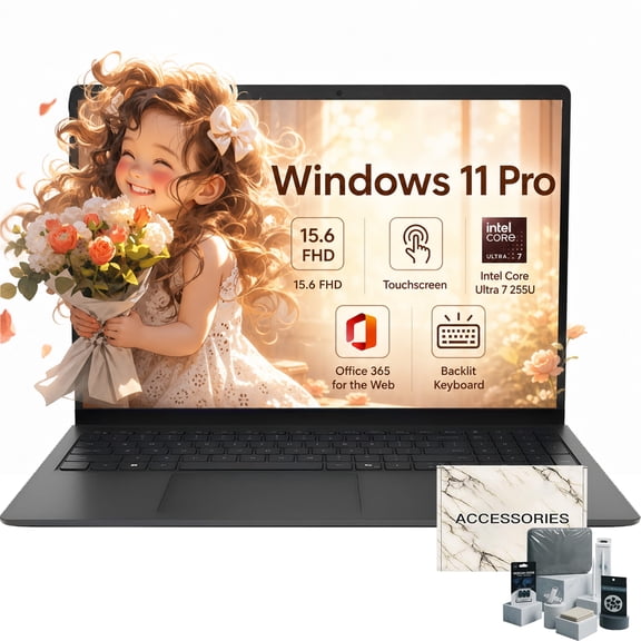 Dell 15.6" Laptop Touchscreen Computer, Intel Core Ultra 7 255U, 32GB DDR5, 1TB SSD, 15 inch FHD Anti-Glare, Backlit Keyboard, AI Copilot, Windows 11 Pro, w/Accessories