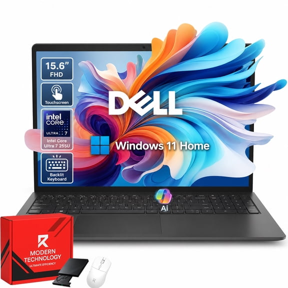 Dell 15.6" Touchscreen Laptop, 16GB DDR5-5600MT/s, 1TB SSD, Intel Ultra 7 255U, 15-inch FHD Touch Display, Backlit Keyboard, Wi-Fi 6, Copilot AI, Win11 Home w/External Optical Drive & Mouse