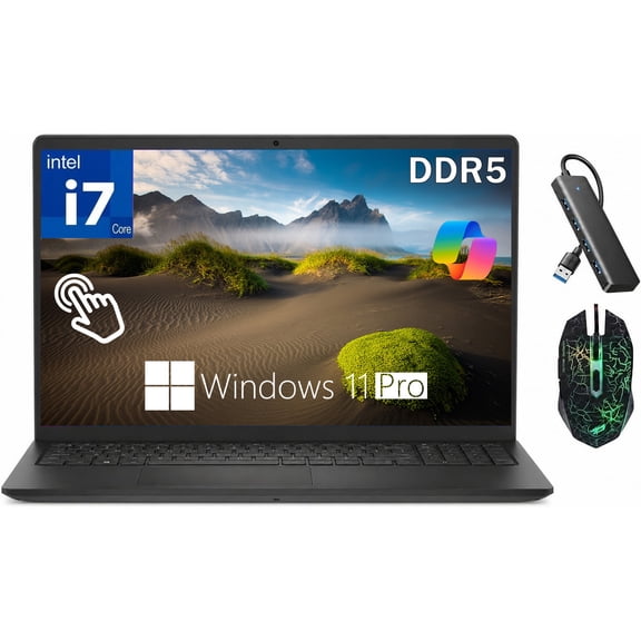 Dell 15.6" Touchscreen Laptop 2026, Intel i7-10 Cores (Up to 5.00 GHz), 32GB DDR5 RAM 1TB SSD, FHD LED 220 Nits Anti-Glare, Black, Ai Copilot Key, Wi-Fi6, Webcam, Windows 11 Pro, Mouse, Hub