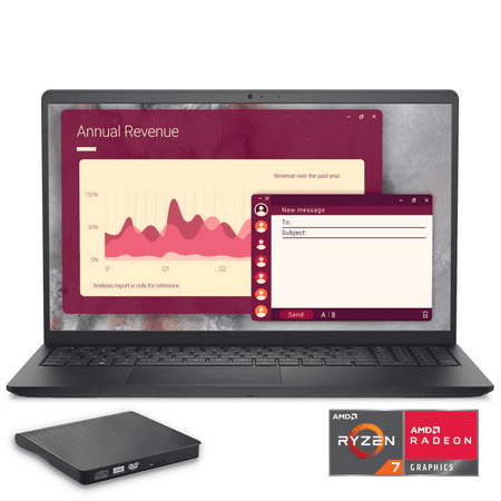 Dell 15 Laptop 15.6" FHD Touchscreen, AMD Ryzen 7 7730U, 8GB RAM, 512GB SSD, Radeon Graphics, Windows 11 & AI Copilot Support, SD Card Reader, External DVD Drive