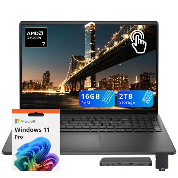 Dell 16 16'' FHD+ Touchscreen Laptop, AMD Ryzen 7 250, 16GB RAM, 2TB Storage(1TB SSD+1TB Docking Station Set), AMD Radeon Graphics, Backlit Keyboard, Numeric Pad, Win 11 Pro, Black