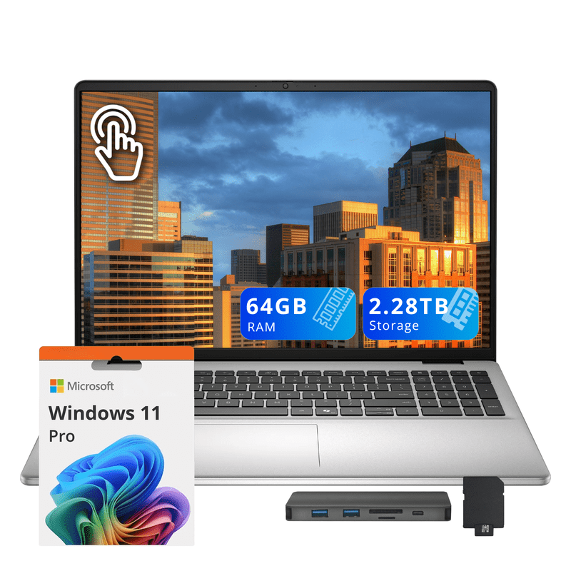 Dell 16" FHD+ Touch Laptop,Intel Core 7 150U,64GB DDR5,2.28TB Storage（2TB SSD+288GB Docking Station Set),Backlit Keyboard,Fingerprint,Win 11 Pro,Silver
