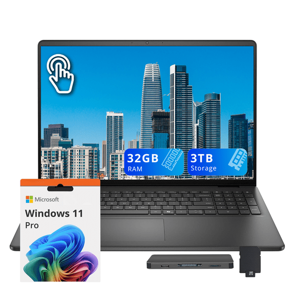Dell 16" FHD+ Touchscreen Laptop, Intel Core 7 150U, 32GB DDR5 RAM, 3TB Storage(2TB SSD+1TB Docking Station), Intel Graphics, Backlit Keyboard, Wi-Fi 6, Win 11 Pro, Black