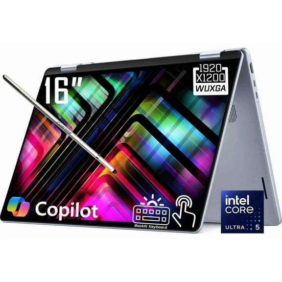 Dell 16 Plus 2-in-1 Copilot+ AI PC Laptop, 16" 2K 1920 x 1200 LED WVA Touchscreen, Intel 8-Core Ultra 5 226V, 1080P Webcam, Backlit KB, Stylus Pen, Win11 Home (16GB DDR5 RAM / 512GB SSD)