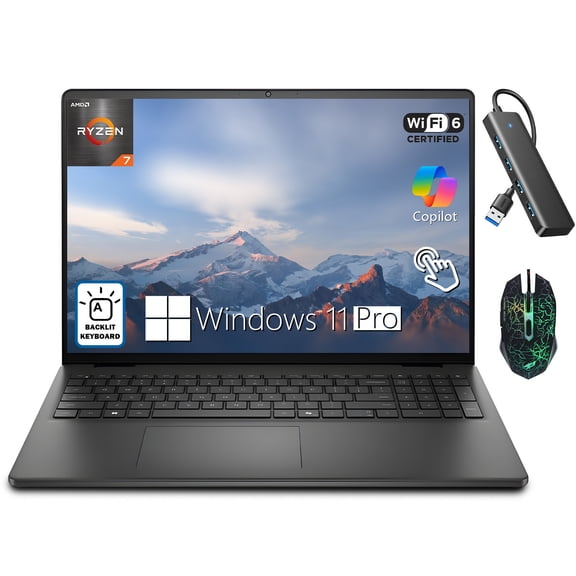 Dell 16 Touchscreen Business Laptop AMD 8 Core Ryzen 7 250 (>i7-1355U) 32GB DDR5, 2TB SSD, WiFi 6, 16 FHD Display, Backlit Keyboard ,Win 11 Pro with Copilot AI, Black