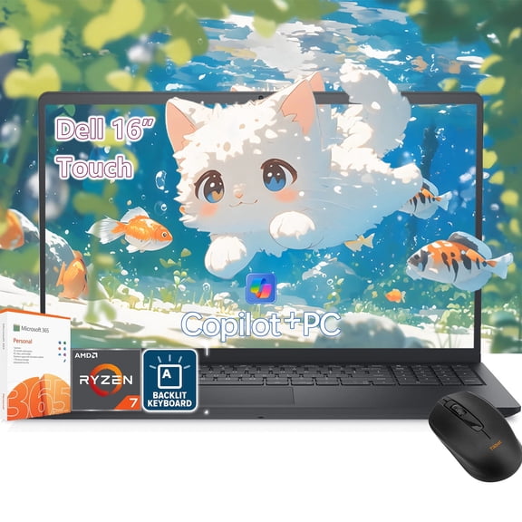 Dell 16 Touchscreen Laptop, AI PC for Home & Student, 16" FHD+ Touch Display, AMD Ryzen 7 250 (Beat Ultra 7), 16GB RAM, 512 GB SSD, Backlit KB, Win 11 Home, 1080p Webcam, Office 365