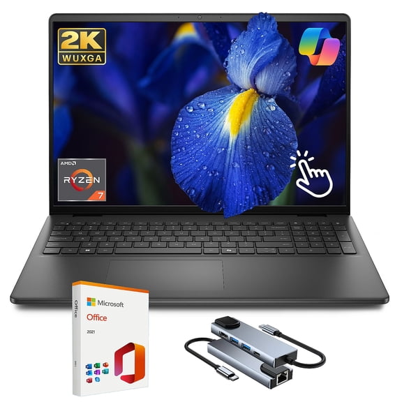 Dell 16 Touchscreen Laptop, AMD Ryzen 7 250, 16’’Wuxga Display, 16GB DDR5 RAM 512GB SSD, Lifetime MS Office 2021, Backlit, Keyboard, Laptop for Business & Creator, Windows 11 Pro with Accessory