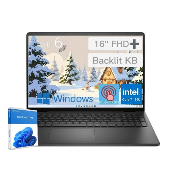 Dell 16" Touchscreen Laptop, FHD+ Display, 10-core Intel Core 7 150U, 16GB DDR5 RAM, 1TB SSD, Windows 11 Pro, Backlit Keyboard, WiFi 6E,Black