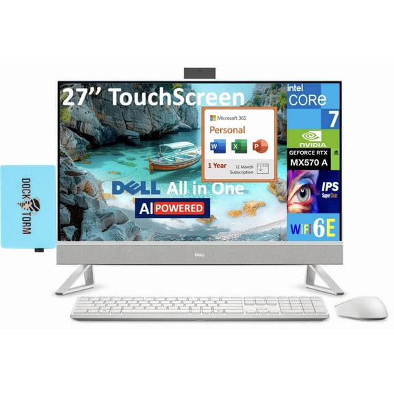 Dell 27 AI Powered All-in-One 27in Touchscreen IPS FHD Display (Intel Core 7 150U, 32GB DDR5, 4TB PCIe SSD, GeForce MX570 A, WiFi 6E, Win 11 Home) w/Microsoft 365 Personal , DKZ USB Port Expander