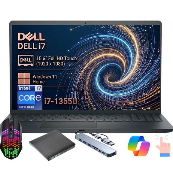 Dell DC15250 15.6" FHD Touch Laptop, Intel Core i7-1355U, 16GB DDR5 RAM, 1TB SSD, Windows 11 Home Carbon Black
