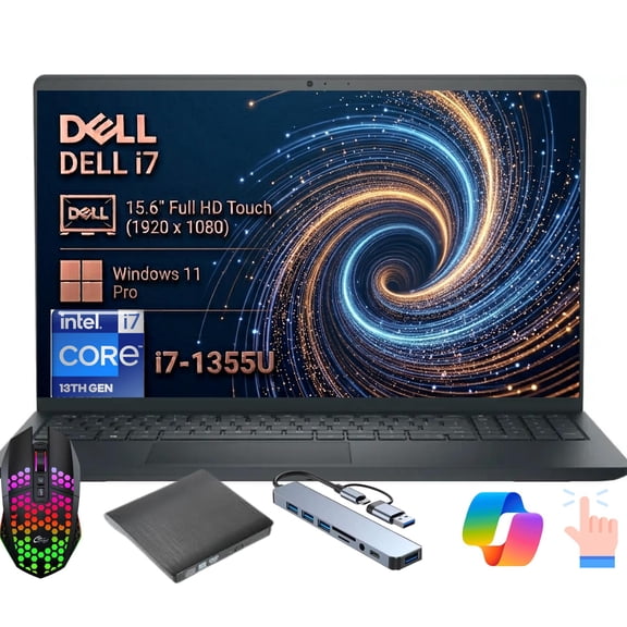 Dell DC15250 15.6" FHD Touch Laptop, Intel Core i7-1355U, 16GB DDR5 RAM, 512GB SSD, Windows 11 Pro Carbon Black