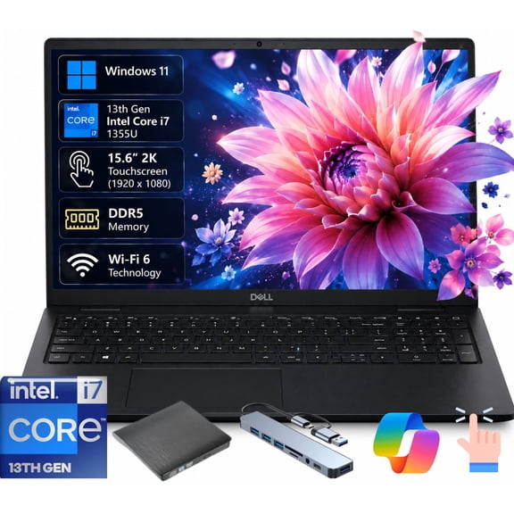 Dell DC15250 15.6" FHD Touchscreen Laptop, Intel Core i7 13th Gen i7-1355U , 32GB DDR5 RAM, 1TB SSD, Windows 11 Home Carbon Black