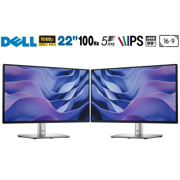 Dell DELL-P2225H 22 inch Full HD 100Hz 16:9 1ms IPS Monitor Black and Silver 2 Pack Bundle with Deco Gear 6FT Universal 4K HDMI 2.0 Cable with 28AWG Pure Copper Conductors