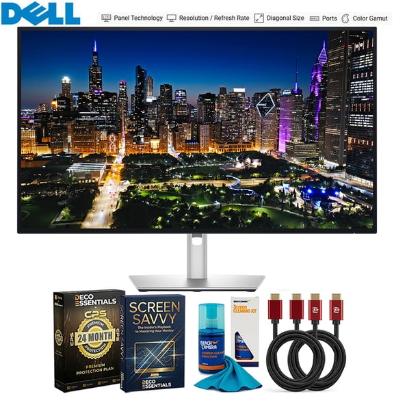 Dell DELL-U3225QE UltraSharp 32 inch 4K UHD 120Hz 16:9 IPS Black Monitor Bundle with Deco Essentials Guide, Monitor Screen Cleaner, HDMI Cable and Exclusive 26 Month CPS Enhanced Protection Pack