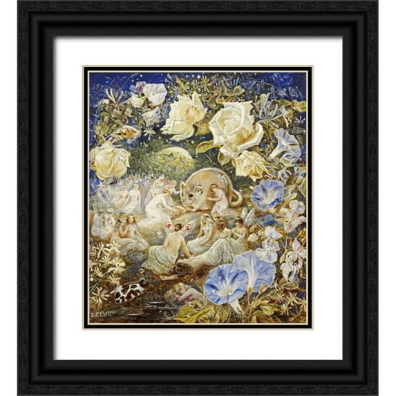 Dell, Etheline E. 15x17 Black Ornate Wood Framed with Double Matting Museum Art Print Titled - Fairies and a Field Mouse