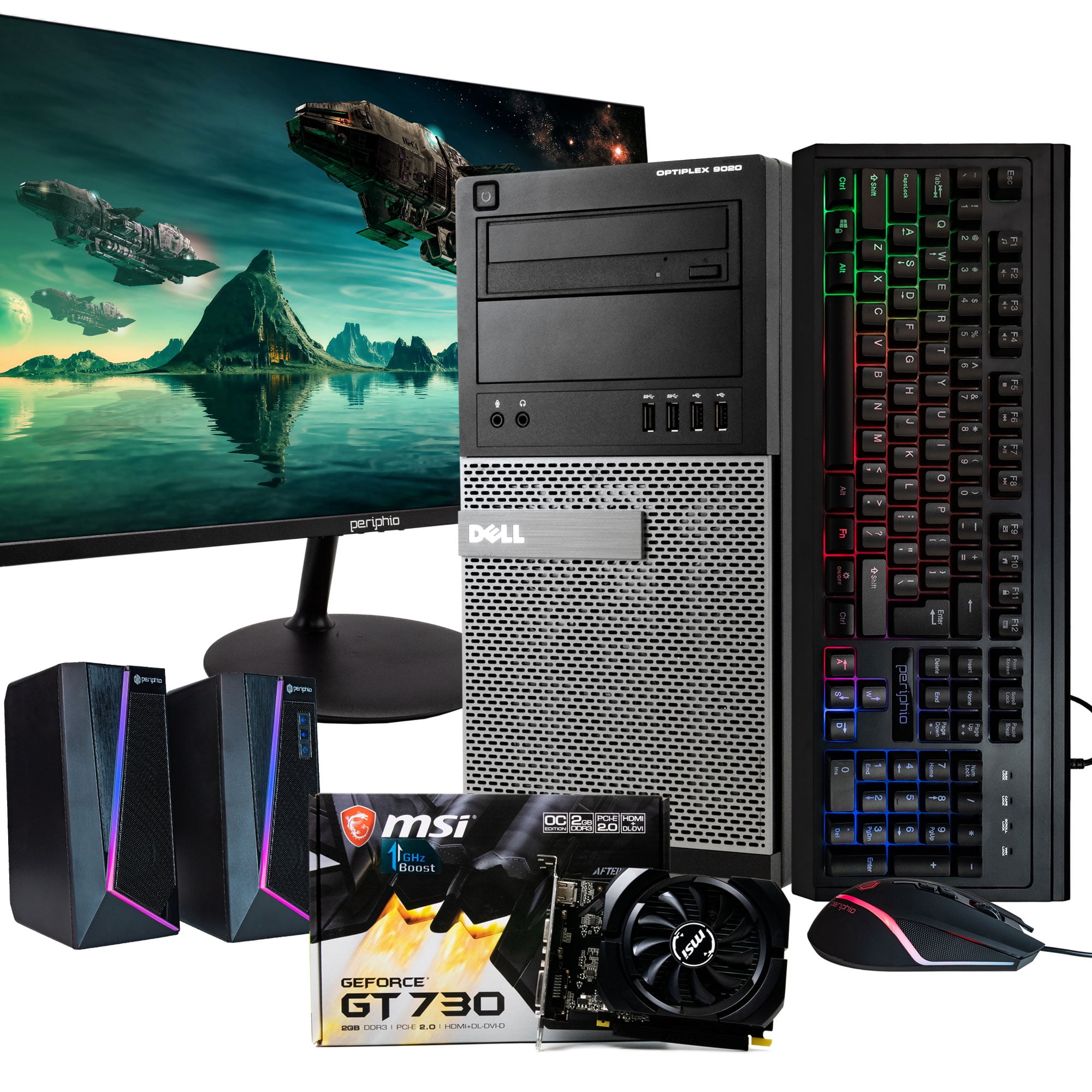 Dell Gaming Computer, Intel Quad-Core i7, GeForce GT 730 (2GB), 240GB SSD +  1TB HDD, 16GB DDR3 RAM, DVD, WIFI, Bluetooth, Windows 10 Home Gaming, NEW  24” LCD, RGB Gaming Bundle (Renewed) 