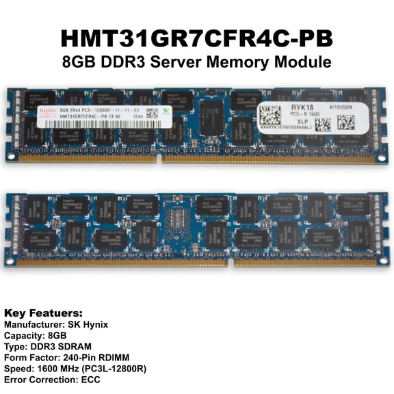 Dell HMT31GR7CFR4C-PB 8GB DDR3-1600 PC3-12800R 2Rx4 1.5V ECC Registered Server Memory RYK18
