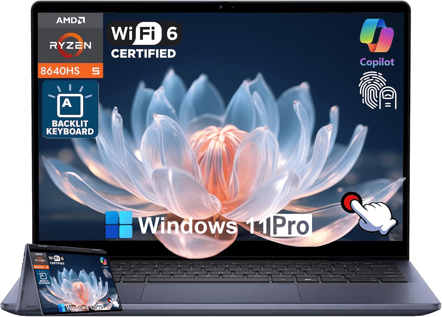 Dell Inspiron 14 7445 Business Laptop, 14" FHD+ 2-in-1 Touchscreen, AMD Ryzen 5 8640HS, 16 GB DDR5, 512 GB SSD, Fingerprint Reader, Backlit KB, Wi-Fi, Windows 11 Pro