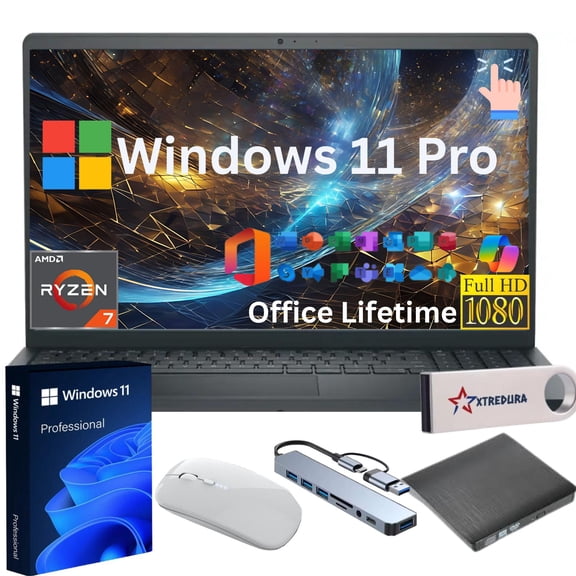 Dell Inspiron 15 3000 Business Laptop Computer,15.6" Full HD Touch Display,AMD Ryzen 7 7730U(Beat I7-1250U),32GB RAM,512GB SSD,MS Liftime,Windows 11 Pro/Xtredura Flash Drive