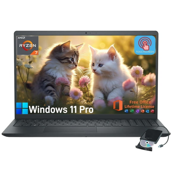 Dell Inspiron 15.6" Touchscreen Laptop - Business & Student Laptop Computer, with Office Lifetime & Win 11 Pro, AMD Ryzen 7 7730U, External DVD Drive, WVA LED FHD Anti-Glare Display, 32GB RAM, 1TB SSD