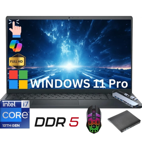 Dell Inspiron 15 Laptop 15.6-inch FHD Touch Intel Core i7-1355U 16GB DDR5 RAM 512GB NVMe SSD Windows 11 Pro, Black
