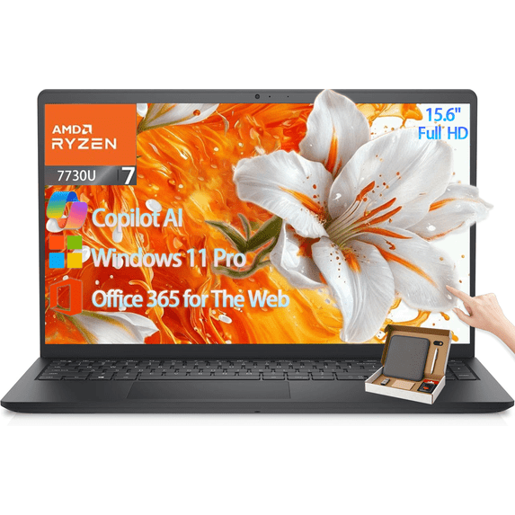 Dell Inspiron 15 Touchscreen Laptop, 15.6" FHD IPS Display, AMD Ryzen 7 7730U, 16GB RAM 512GB SSD, Wi-Fi, Windows 11 Pro, Office 365 for the Web, Business & Student Laptop
