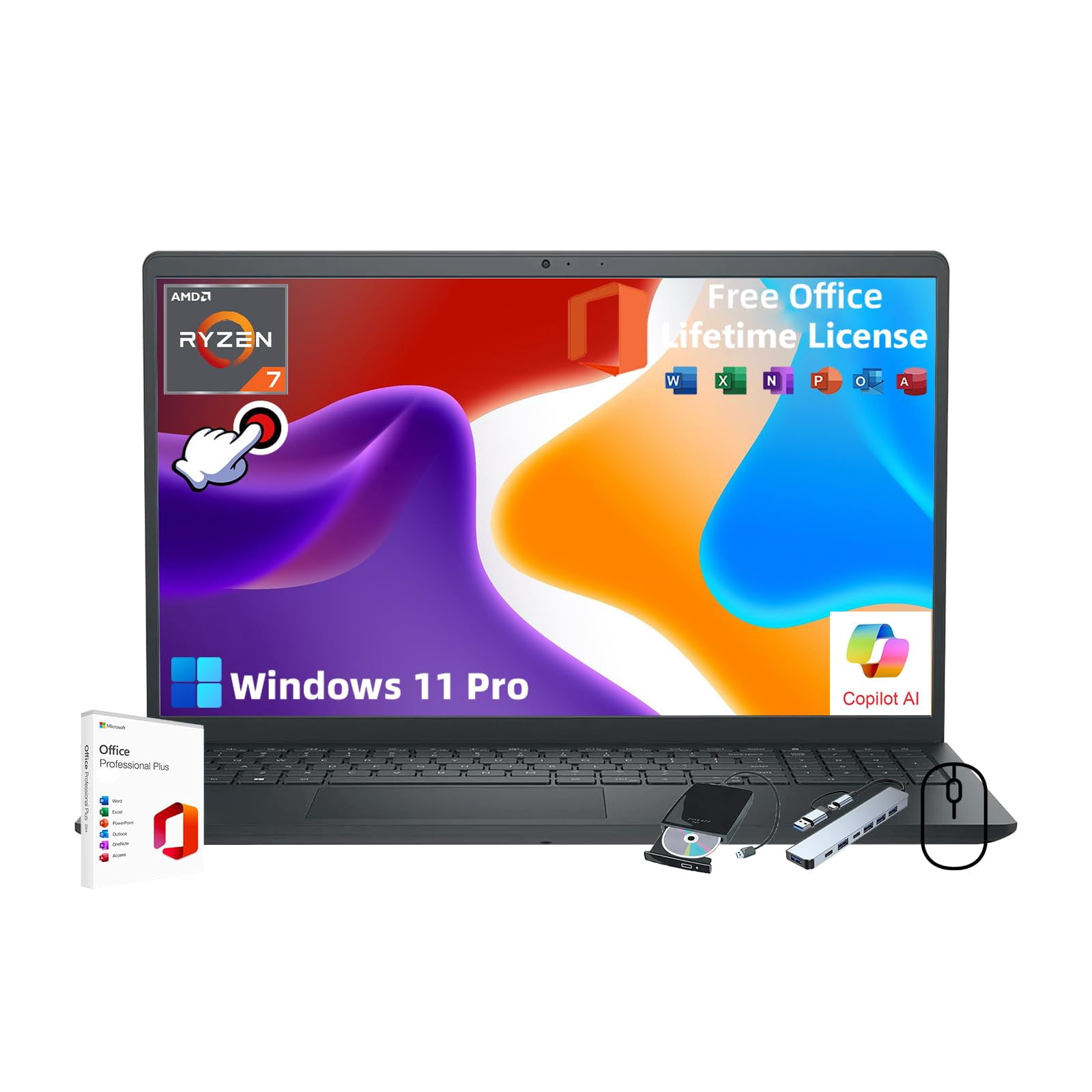 Dell Inspiron 3535 for Business Laptop - with Office Lifetime & External DVD Drive * 15.6" FHD Touchscreen * AMD Ryzen 7 7730U CPU * HD Webcam * Copilot * Win 11 pro (32GB RAM | 1TB SSD)