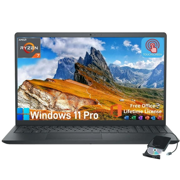 Dell Inspiron 3535 Touchscreen Laptop - with 2024 Office Lifetime & External DVD Drive, 15.6" FHD Touch Computer for Business, AMD Ryzen 7 7730U, HD Webcam, Copilot AI, Win 11 pro (16GB RAM | 1TB SSD)