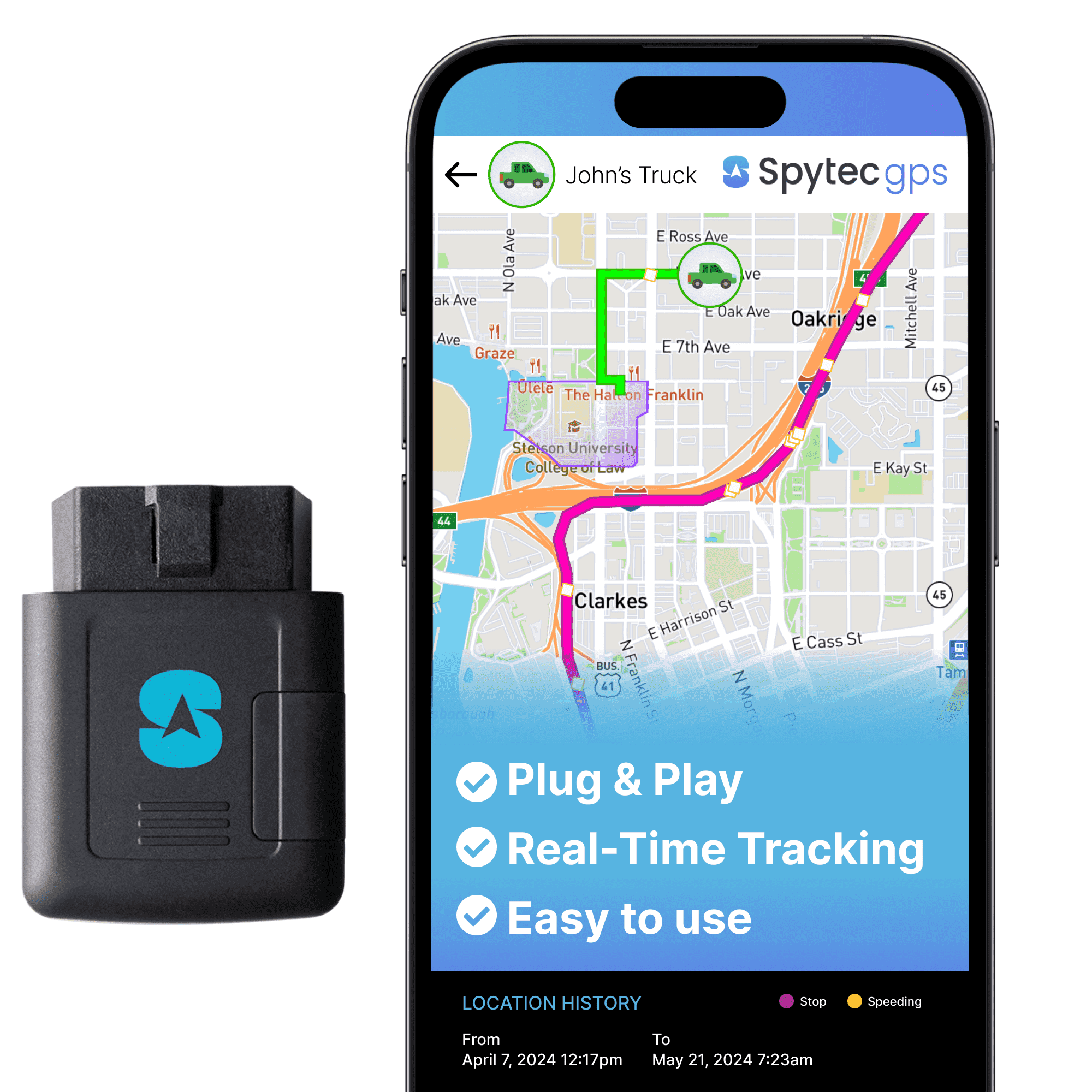 Spytec Anti-Theft Plug-in Car GPS Tracker, Real-Time 1 Second Updates, Ignition On/Off Alerts, Vehicle Movements, Personal & Work Car Monitoring | Unlimited US & Worldwide Tracking App - Low Cost Pla