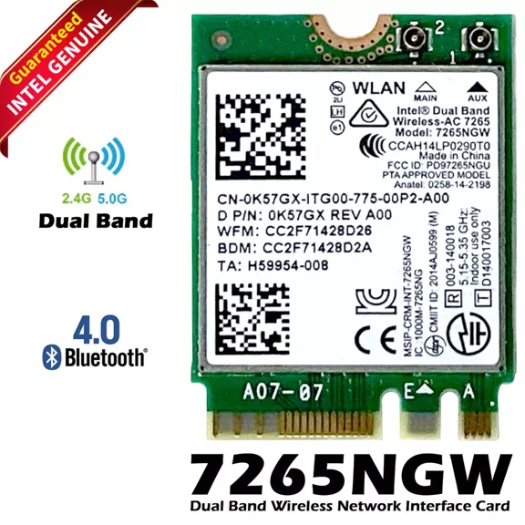 Dell Latitude E7250 E7450 E5450 E5550 Wi-Fi Card | Intel 7265NGW Dual Band 2x2 AC + Bluetooth 4.0 K57GX