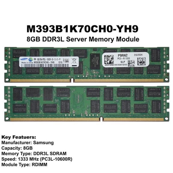 Dell M393B1K70CH0-YH9 8GB DDR3-1333 PC3L-10600R 2Rx4 1.35V ECC Registered Server Memory P9RN2