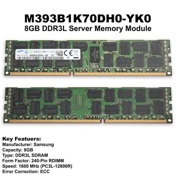 Dell M393B1K70DH0-YK0 8GB DDR3-1600 PC3L-12800R 2Rx4 1.35V ECC Registered Server Memory RVY55