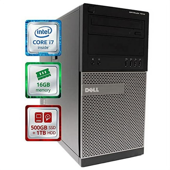 Pre-Owned Dell OptiPlex 7010 Desktop Computer Tower | Quad Core Intel i7 (3.9GHz Turbo) | 16GB DDR3 RAM | 500GB SSD Solid State + 1TB | WiFi-5G + Bluetooth | Win 10 Pro | Home or Office PC