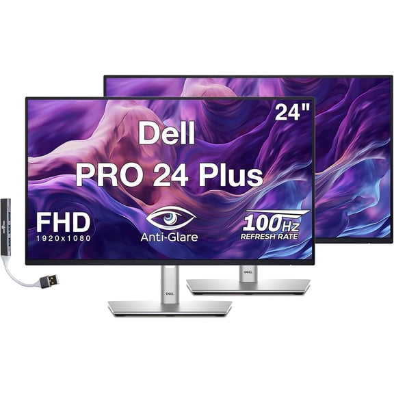 Dell PRO 24 Plus 24" FHD IPS Monitor with 5ms Response Time, Anti-Glare, Flicker Free, 250 nits Brightness, VESA Mount, Displayport, HDMI & Dockztorm USB Port Expander, Black/Silver 2 Pack