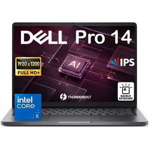 Dell Pro 14 PC14250 Laptop, Next Gen Latitude PC5450, 14" FHD+ AI PC for Business, Intel Core 5 120U, 16GB DDR5 RAM 512GB SSD, Win11 Pro, Backlit KB, Wi-Fi 6E, RJ-45, Thunderbolt 4, IR Camera, Black
