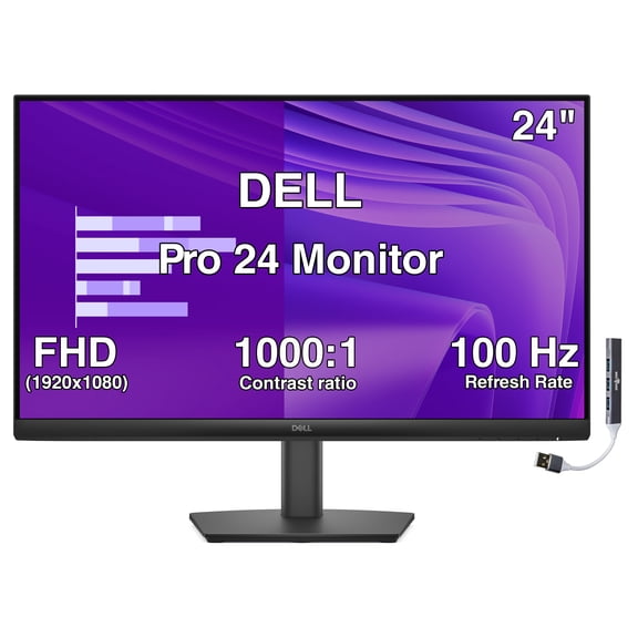Dell Pro 24 24" IPS Monitor, 5ms Response Time, Anti-Glare, 100Hz Refresh Rate, 250 nits Brightness, VESA Mount, HDMI, DisplayPort, VGA, Black & DKZ Hub