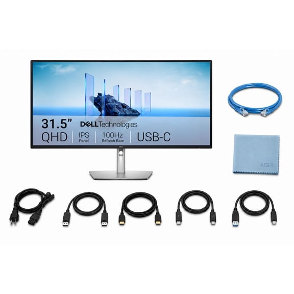 Dell Pro 32 Plus QHD USB-C Hub Monitor P3225DE bundle with ZoomSpeed cables and AOM microfiber cloth.