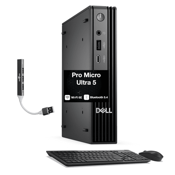 Dell Pro Micro QCM1250 AI Business Mini Desktop (Intel Ultra 5-235T, Integrated Graphics, 32GB DDR5, 1TB M.2 PCIe SSD, WiFi 6E, Bluetooth 5.4, 90W PSU, RJ-45, Win 11 Pro) w/DKZ USB Port Expander