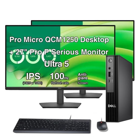 Dell Pro Micro QCM1250 Desktop Ultra 5 235T 8GB DDR5 512GB SSD Win11 Pro w/2 Pack 27in Monitor